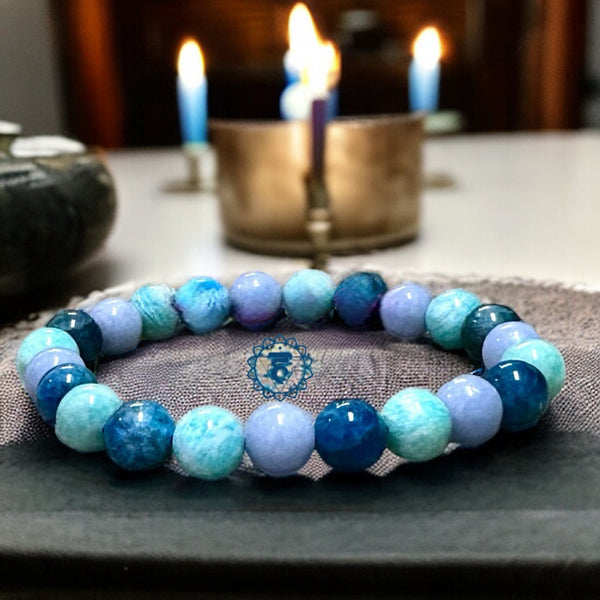 Intention - Throat Chakra Balance - Blue Angelite + Amazonite + Apatite Custom Size Round Smooth Stretch (8mm) Natural Gemstone Crystal Energy Bead Bracelet