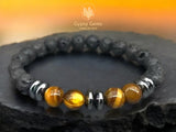 Tiger Eye Yellow + Hematite + Lava Stone Custom Size Round Smooth Stretch (8mm or 10mm) Natural Gemstone Crystal Energy Bead Bracelet