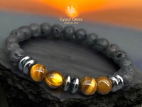 Tiger Eye Yellow + Hematite + Lava Stone Custom Size Round Smooth Stretch (8mm or 10mm) Natural Gemstone Crystal Energy Bead Bracelet