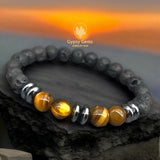 Tiger Eye Yellow + Hematite + Lava Stone Custom Size Round Smooth Stretch (8mm or 10mm) Natural Gemstone Crystal Energy Bead Bracelet