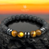 Tiger Eye Yellow + Hematite + Lava Stone Custom Size Round Smooth Stretch (8mm or 10mm) Natural Gemstone Crystal Energy Bead Bracelet