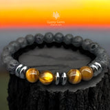 Tiger Eye Yellow + Hematite + Lava Stone Custom Size Round Smooth Stretch (8mm or 10mm) Natural Gemstone Crystal Energy Bead Bracelet