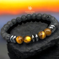 Tiger Eye Yellow + Hematite + Lava Stone Custom Size Round Smooth Stretch (8mm or 10mm) Natural Gemstone Crystal Energy Bead Bracelet