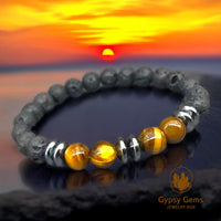 Tiger Eye Yellow + Hematite + Lava Stone Custom Size Round Smooth Stretch (8mm or 10mm) Natural Gemstone Crystal Energy Bead Bracelet