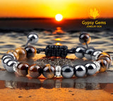 Tiger’s Eye + Hematite Braided Macrame Adjustable Sliding Knot Round Smooth (8mm) Natural Gemstone Crystal Energy Bead Bracelet