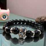 Obsidian - Black Obsidian Silver Skull Custom Size Round Smooth Stretch (8mm) Natural Gemstone Crystal Energy Bead Bracelet