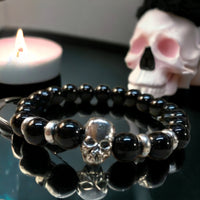 Obsidian - Black Obsidian Silver Skull Custom Size Round Smooth Stretch (8mm) Natural Gemstone Crystal Energy Bead Bracelet