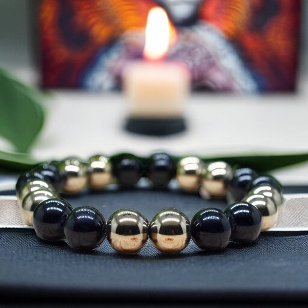 Hematite + Black Obsidian Round Smooth Stretch (8mm) Natural Gemstone Crystal Energy Bead Bracelet