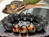 Lava Stone•Black Lava Rock + Tiger Eye Aromatherapy Custom Size Round Stretch (10mm Grande, Large) Natural Gemstone Crystal Energy Bead Bracelet