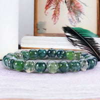 Agate - Moss Agate Green Custom Size Round Smooth Stretch (8mm) Natural Gemstone Crystal Energy Bead Bracelet