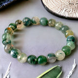Agate - Moss Agate Green Custom Size Round Smooth Stretch (8mm) Natural Gemstone Crystal Energy Bead Bracelet