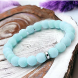 Amazonite - Blue Frost Matte Custom Size Rustic with Silver Spacer choice, Round Stretch (8mm) Natural Gemstone Crystal Energy Bead Bracelet
