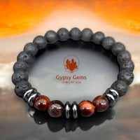 Tiger’s Eye - Red Tiger’s Eye + Hematite Saucer beads + Lava Stone Custom Size Round Smooth Stretch (8mm) Natural Gemstone Crystal Energy Bead Bracelet