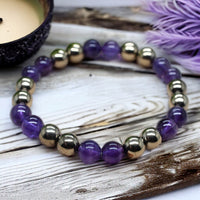 Intention - Rise Above - Amethyst + Pyrite Custom Size Round Smooth Stretch (8mm) Natural Gemstone Crystal Energy Bead Bracelet