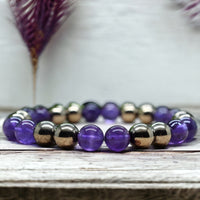 Intention - Rise Above - Amethyst + Pyrite Custom Size Round Smooth Stretch (8mm) Natural Gemstone Crystal Energy Bead Bracelet