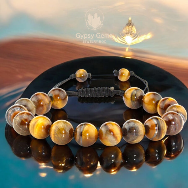 Tiger’s Eye - Yellow Braided Macrame Adjustable Sliding Knot Round Smooth (8mm) Natural Gemstone Crystal Energy Bead Bracelet