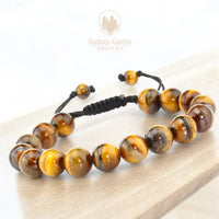 Tiger’s Eye - Yellow Braided Macrame Adjustable Sliding Knot Round Smooth (8mm) Natural Gemstone Crystal Energy Bead Bracelet