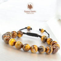 Tiger’s Eye - Yellow Braided Macrame Adjustable Sliding Knot Round Smooth (8mm) Natural Gemstone Crystal Energy Bead Bracelet