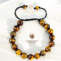 Tiger’s Eye - Yellow Braided Macrame Adjustable Sliding Knot Round Smooth (8mm) Natural Gemstone Crystal Energy Bead Bracelet