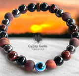 Triple Protection - Tiger Eye Red + Black Obsidian + Hematite + Evil Eye + Rosewood Custom Size Round Smooth Stretch (8mm) Natural Gemstone Crystal Energy Bead Bracelet