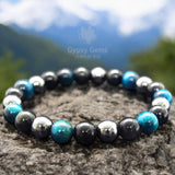 Triple Protection - Tiger Eye Teal Blue + Black Onyx + Hematite Custom Size Round Smooth Stretch (8mm or 10mm beads) Natural Gemstone Crystal Energy Bead Bracelet