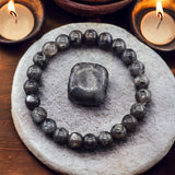 Larvikite- Black Aura Larvikite, Blue Flame Custom Size  Round Smooth Stretch (8mm) Natural Gemstone Crystal Energy Bead Bracelet