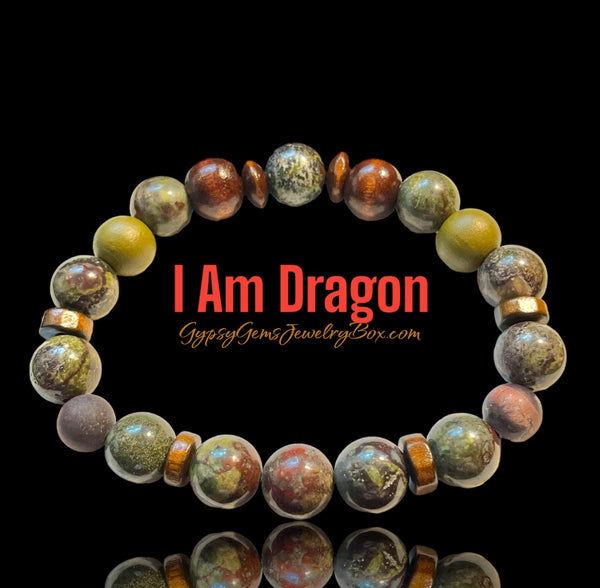 Intention - I Am Dragon - Dragon Bloodstone + Red Tigers Eye + Olive Wood Round Smooth Stretch (10mm Grande) Natural Gemstone Crystal Energy Bead Bracelet Limited Series