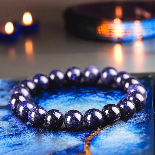 Goldstone Sandstone Blue Custom Size Round Smooth Stretch (8mm) Natural Gemstone Crystal Energy Bracelet