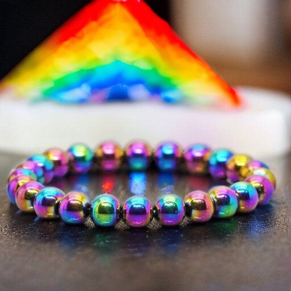 Hematite Rainbow Custom Size  Round Smooth Stretch (8mm) Natural Gemstone Crystal Energy Bead Bracelet