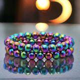 Hematite Rainbow Custom Size  Round Smooth Stretch (8mm) Natural Gemstone Crystal Energy Bead Bracelet