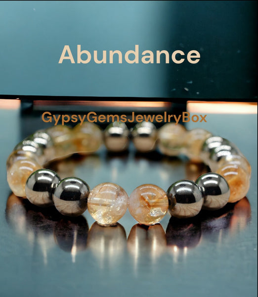 Intention- Abundance Citrine + Pyrite Custom Size Round Smooth Stretch (8mm) Natural Gemstone Crystal Energy Bead Bracelet "High Quality”