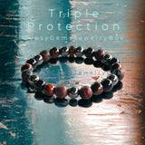 Triple Protection - Tiger Eye Red + Black Obsidian + Hematite + Rose Wood Custom Size Round Smooth Stretch (8mm) Natural Gemstone Crystal Energy Bead Bracelet