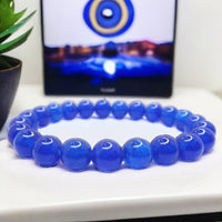 Jade - Jadeite Electric Royal Blue Custom Size Round Smooth Stretch (8mm) Natural Gemstone Crystal Energy Bead Bracelet (Optional Evil Eye)