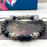 Jasper - Dalmatian Jasper + Black Onyx Custom Size Round Stretch (8mm) Natural Gemstone Crystal Energy Bead Bracelet