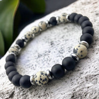 Jasper - Dalmatian Jasper + Black Onyx Custom Size Round Stretch (8mm) Natural Gemstone Crystal Energy Bead Bracelet