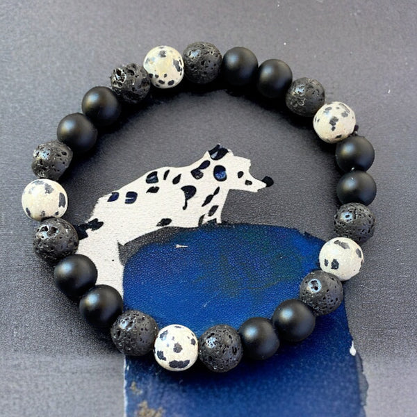 Round Shape Blue Aquamarine & Dalmatian Jasper Bracelet Natural Unheat