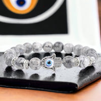Jasper - Map Stone Gray + Evil Eye Hamsa (Gold or Silver) Custom Size Round Smooth Stretch (8mm) Natural Gemstone Crystal Energy Bead Bracelet