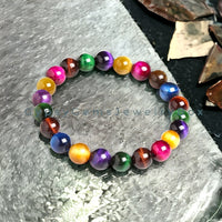 Tiger’s Eye - Multi Color Rainbow Custom Size Round Smooth Stretch (8mm) Natural Gemstone Crystal Energy Bead Bracelet