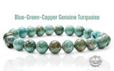 Turquoise - Genuine Natural Blue  Green Copper Vein Turquoise, Custom Size, Round Stretch (8mm) Natural Gemstone Crystal Energy Bead Bracelet