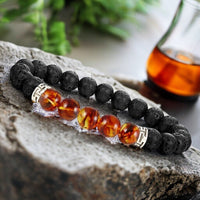 Lava Stone & Amber Aromatherapy Custom Size Round Stretch (8mm) Natural Gemstone Crystal Energy Bead Bracelet
