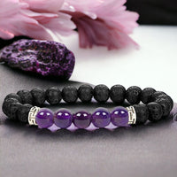 Lava Stone•Black Lava Rock Amethyst Aromatherapy Custom Size Round Stretch (8mm) Natural Gemstone Crystal Energy Bead Bracelet