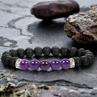 Lava Stone & Amethyst Aromatherapy Custom Size Round Stretch (8mm) Natural Gemstone Crystal Energy Bead Bracelet