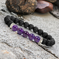 Lava Stone•Black Lava Rock Amethyst Aromatherapy Custom Size Round Stretch (8mm) Natural Gemstone Crystal Energy Bead Bracelet