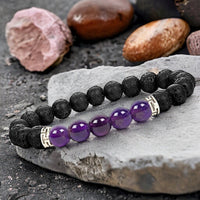 Lava Stone & Amethyst Aromatherapy Custom Size Round Stretch (8mm) Natural Gemstone Crystal Energy Bead Bracelet