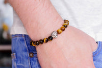 Tiger’s Eye - Yellow - Silver or Gold Lion - Custom Size - Round Smooth Stretch (8mm) Natural Gemstone Crystal Energy Bead Bracelet