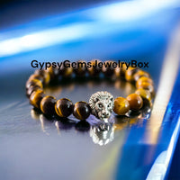 Tiger’s Eye - Yellow - Silver or Gold Lion - Custom Size - Round Smooth Stretch (8mm) Natural Gemstone Crystal Energy Bead Bracelet