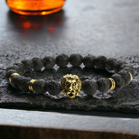 Lava Stone - Lava Rock "LION" Custom Size Gold or Silver Round Stretch (8mm) Natural Gemstone Crystal Energy Bead Bracelet