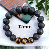 Lava Stone Rock + Tiger Eye Custom Size Round Stretch (3 Bead Size Choices: 8mm/10mm/12mm) Natural Gemstone Crystal Energy Bead Bracelet