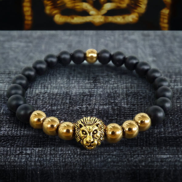 Lava Stone - Lava Rock "LION" + (Silver Lava or 14k Gold Hematite) Custom Size Round Stretch (8mm) Natural Gemstone Crystal Energy Bead Bracelet