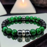 Malachite + Hematite + Black Onyx Custom Size Mens Round Smooth Stretch (8mm) Natural Gemstone Crystal Energy Bead Bracelet